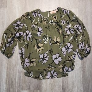 Army green floral long sleeve blouse